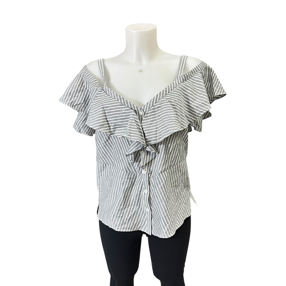 Veronica Beard Grant Off Shoulder‎ Button Down Ruffle Striped Gray top Sz 10 NEW